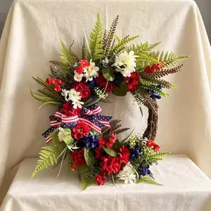 Vibrant Patriotic Wreath, Blue Flowers with Star Spangled Banner Bow, Perfect for July 4th Memorial Day Porch Decor