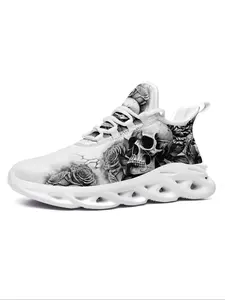 Men's Halloween Skull and Pumpkin Print Lace Up Low Top Trendy Walking Sneaker, 1 Pair Casual Comfortable Non-slip Shock Absorption Sneakers, Comfy Trendy Shoes for Daily Life, Gifts for Halloween, Fashionable Sneakers