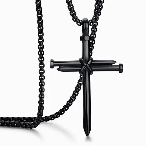 Men's Stainless Steel 3 Nails Cross Crucifix Pendant Necklace - Adjustable Link Chain, Sacred Religious Jewelry, Stylish Everyday Fashion Outfit Accessory, Non-Tarnish Costume Jewelry