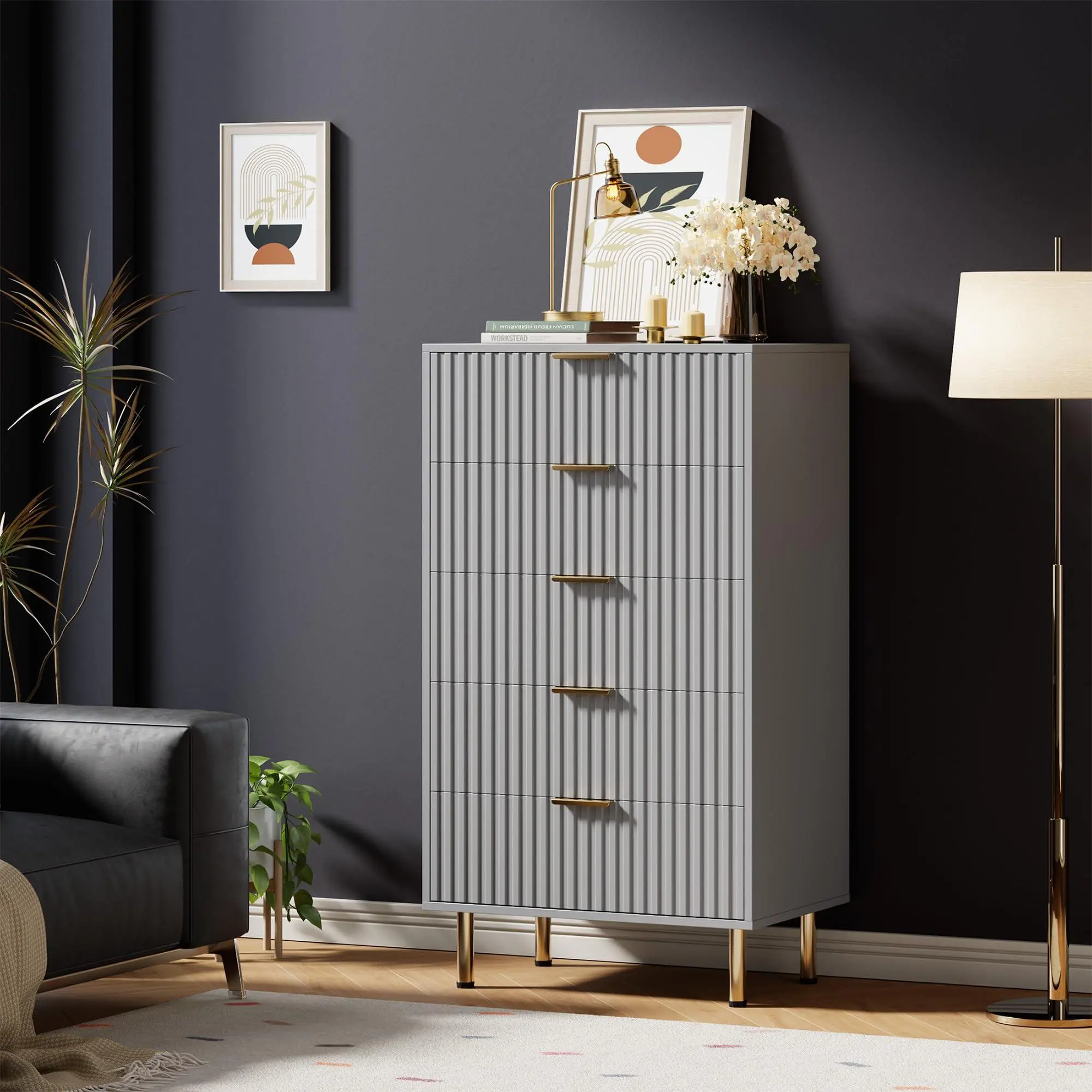 Fluted 5 Drawer Dresser for Bedroom, 48" Tall Modern Chest of Drawers with Deep Drawers and Wide Top, for Living Room, Hallway, Grey