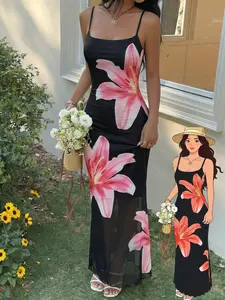 Women's Summer Daily French Vintage Vacation Style Large Floral Print Bodycon Wave Hem Spaghetti Strap Mermaid Dress Home Outdoor City Slim Trend Casual Elegant Youth Simple Versatile Texture Temperament Natural Literary Art