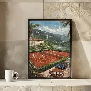 Vintage Tennis Resort Poster, Luxury Clay Court Wall Art for Living Room Bedroom Office, Scenic Mountain Lake Aesthetic Gift for Tennis Lovers