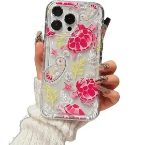 Cute Turtle & Shell Pattern Phone Case with Beaded Lanyard Decorative Protector Cover Compatible with iPhone & Samsung Galaxy Casing