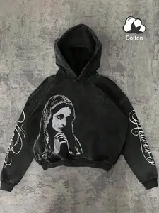 Men's Graphic Print Hooded Sweatshirt, Cotton Blend Loose Fit Short Pullover, Drawstring Cap, Casual Fall Winter Top, Casual Sweatshirt Hoodie, Streetwear Sweatshirt