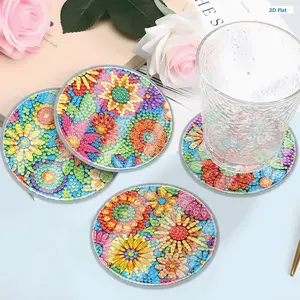 4pcs Sturdy Waterproof 2D Flat Acrylic Round DIY Diamond Painting Coaster Kits with Holder, Classic Antique Tableware Craft Set for Home Decor, Unique Gift for DIY Needlework Enthusiasts, Co