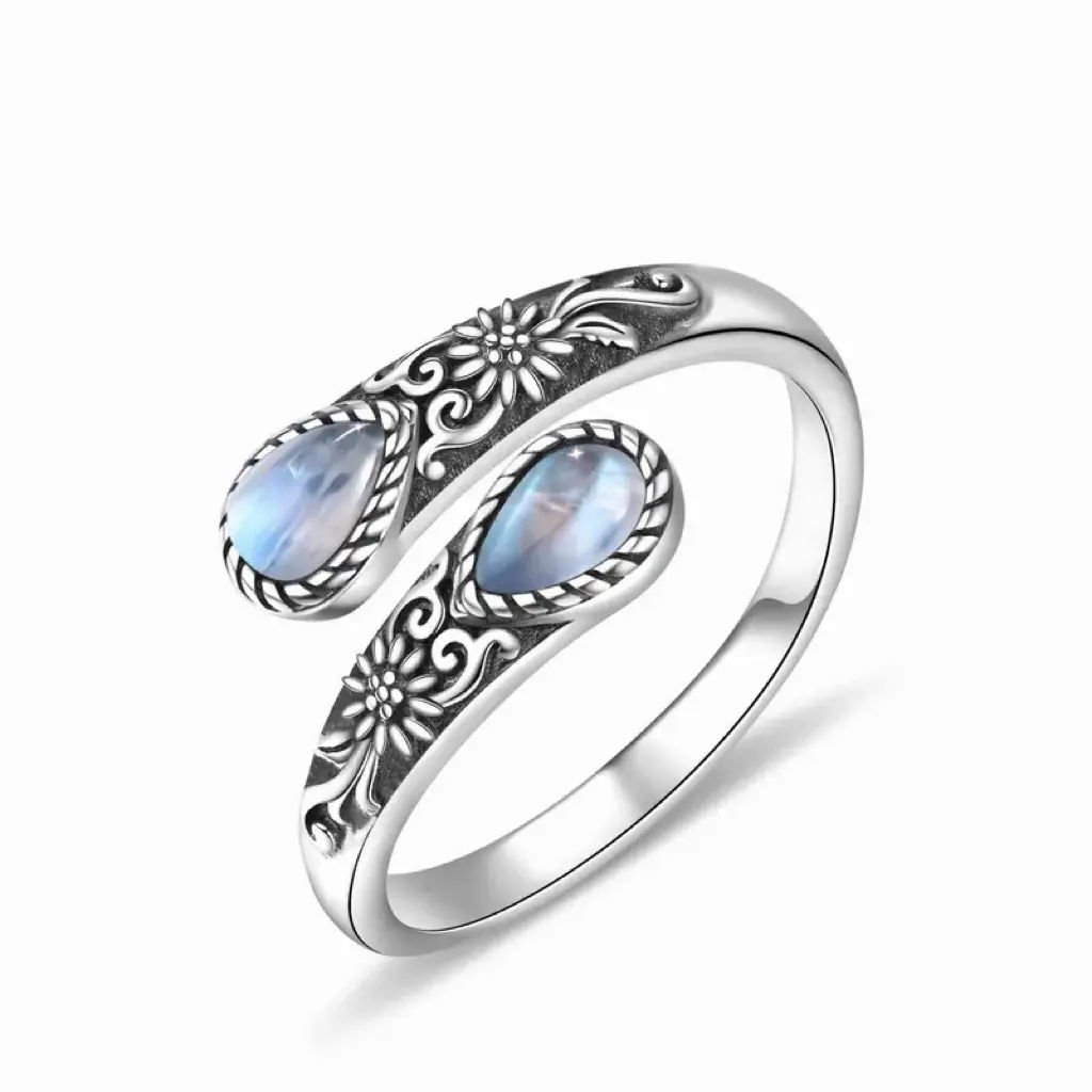 Moonstone Ring Adjustable Thumb Open Women's Ring B, Victoria Vintage Style Hypoallergenic Nickel Free, Retro Floral, Lucky, Faith, Mother's Love Ring, Bohemian Vintage Style, Daily, Party, Holiday, Valentine's Day, Halloween, Easter Gift