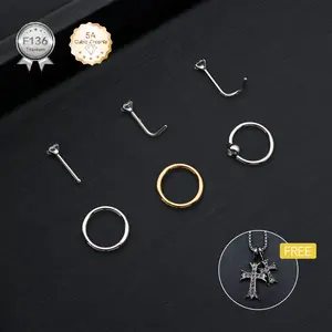 5Pcs Titanium Nose Jewelry Set: 20G CZ Nose Studs+18G Nose Hoops (Gold/Silver)|ASTM F136|Hypoallergenic|Mix-and-Match Styling - Unisex Piercing Accessories with Free Necklace|Everyday Wear | african lip ring|Nose Rings,L Shaped,Corkscrew Nose Studs