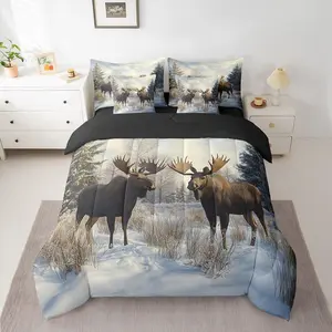 Brown Moose Bedding Set Deer Hunting Comforter Set 7 Pieces Decor Antlers Wild Animal Rustic Lodge Cabin Farmhouse Bed in a Bag Snow Bed Set with Comforter,Sheet Set,Pillowcases