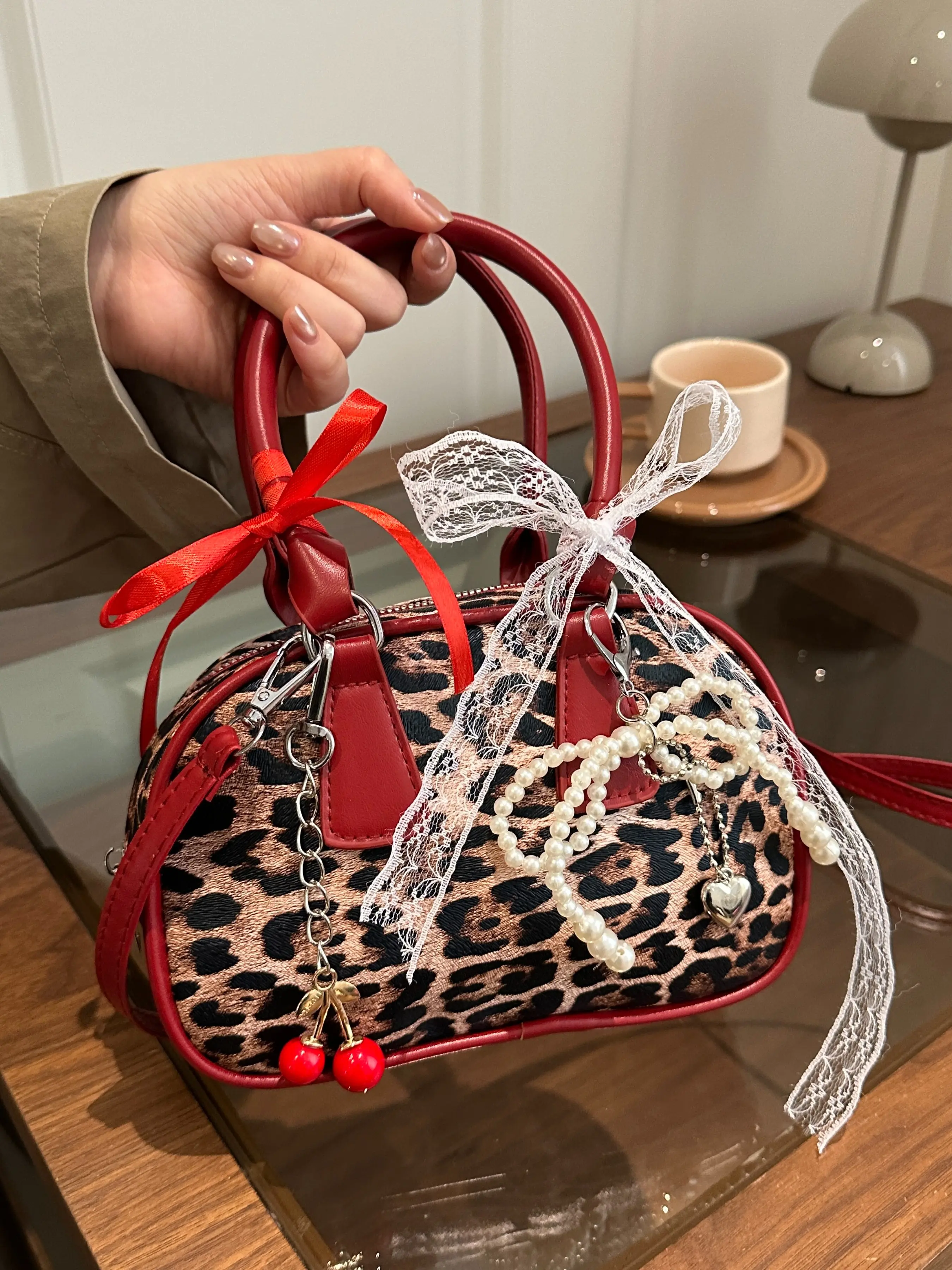 Sweet & Cool Mini Bowling Bag for Women, Valentine's Day Leopard Print Fashionable Handbag with Pearl Cherry Charms & Lace Bow, Crossbody Shoulder Bag, Perfect Gift for Her/ Yourself-Cute Valentine's Day Gift Bag for Women