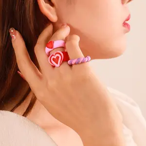 Colorful Clay Ring Set Retro Soft Ceramic Colorful Rings For Women Fashion Rainbow Love Jewelry Fashion Accessories