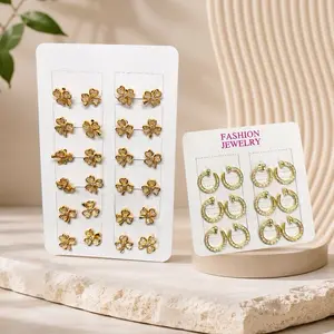 Fashion Jewelry Gold Color Clover Stud Earrings & Hoop Earrings Set for Women's Accessory Collection