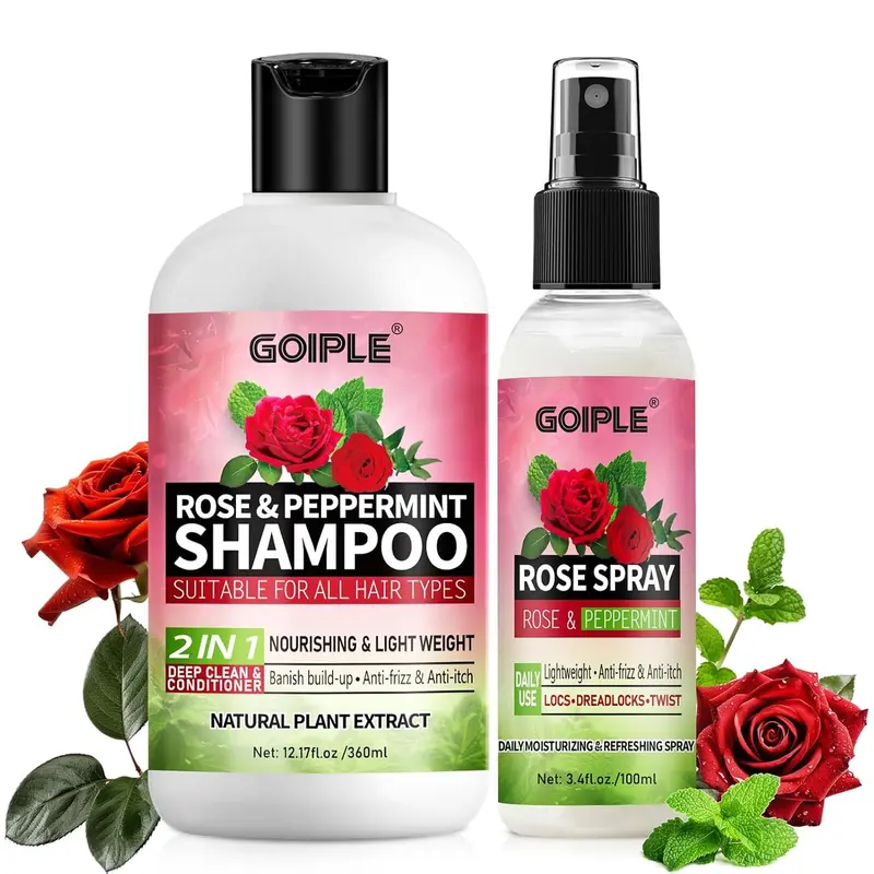 Rose & Peppermint Shampoo & Rose Water Spray Set for All Hair Types Dreadlocks & Hairstyles Shine Lightweight Calming Aroma Daily Haircare
