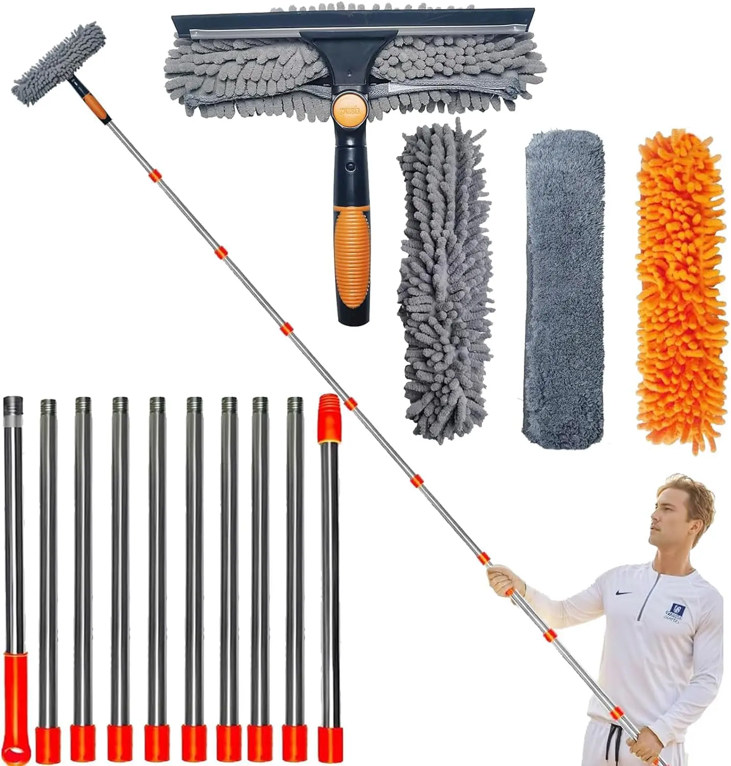 20FT Reach Window Squeegee Cleaner, 2-in-1 Window Cleaning Tool with 14FT Extension Pole, 3 Pads