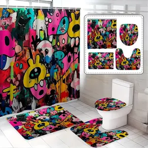 Creative Street Graffiti Style Shower Curtain Set, Waterproof Polyester, Includes Hooks, Toilet Lid Cover, Mat, Home Decor Essential