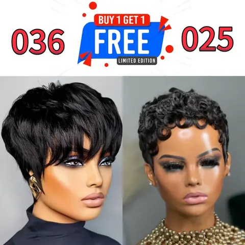 ShowReal Buy 1 Get 2 Short Pixie Cut Wig Virgin Human Hair Natural Black Color Straight And Curly With Bangs Full Machine Ready To Go Glueless Wig