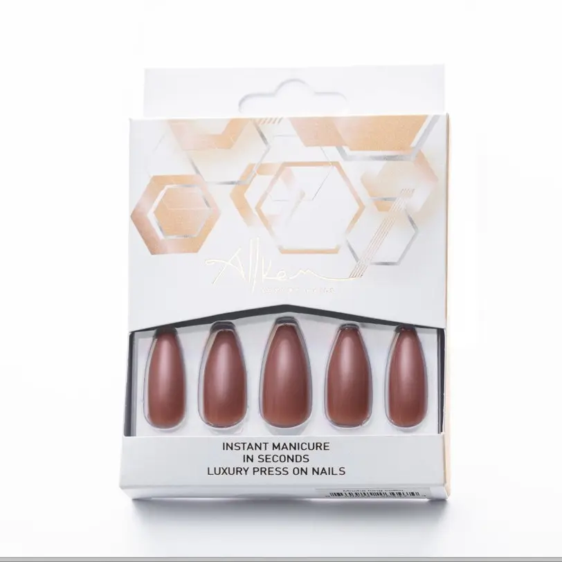 Allkem Mocha Press on Nails | Glossy Long coffin | 10 sizes - 20 pcs Ballerina Nail kit with Glue