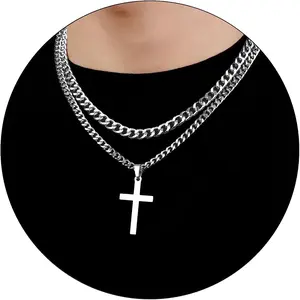 Layered Cross Necklace for Men Boys Stainless Steel Layered Cuban Link Chain 16-24 inch Christian Cross Pendant Religious  Gifts