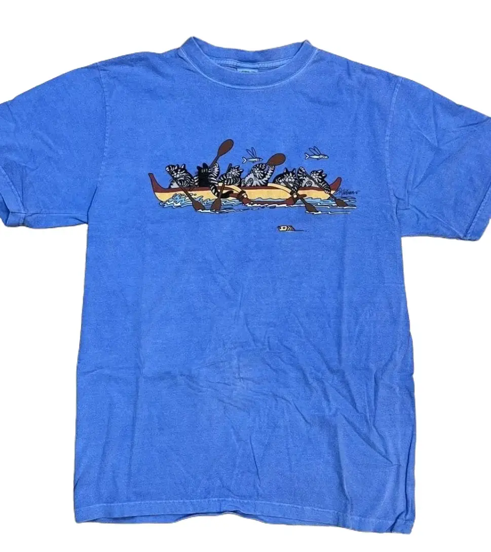 Vintage B. Kliban Cat Shirt Canoe Fish Blue Menswear Top Shortsleeve