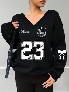 Women's V Neck Sweatshirt, Casual Loose Fit, Butterfly Knot Design, Fall & Winter Fashion, Comfortable and Stylish, Womenswear