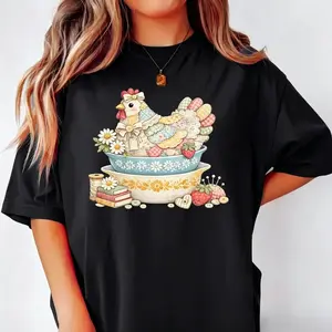Patchwork Vintage Chicken Pyrex Inspired T-Shirt, Quilted Hen on Nest, Grandma Core Vintage Kitchenware Shirt, Printed Shirt