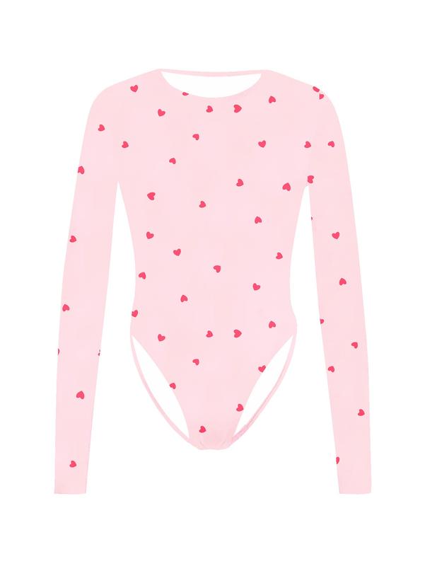 2026 Spring/Autumn New Women's Warm Bodycon Long Sleeve Top, Pink Heart Print Bodysuit with Round Neck, High Elasticity Slim-Fit Jumpsuit - Machine Washable, Suitable for Casual and Formal Occasions, Shaping Base Layer, Daily Wear Valentine's Day