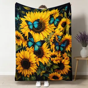 Vibrant Sunflower & Blue Butterfly Flannel Throw Blanket - Ultra-Soft Plush, Lightweight Cozy Blanket, Breathable, Multi-Size, Realistic Floral Print All-Season Fleece, Nature Lover Home Decor & Gift for Couch, Bed