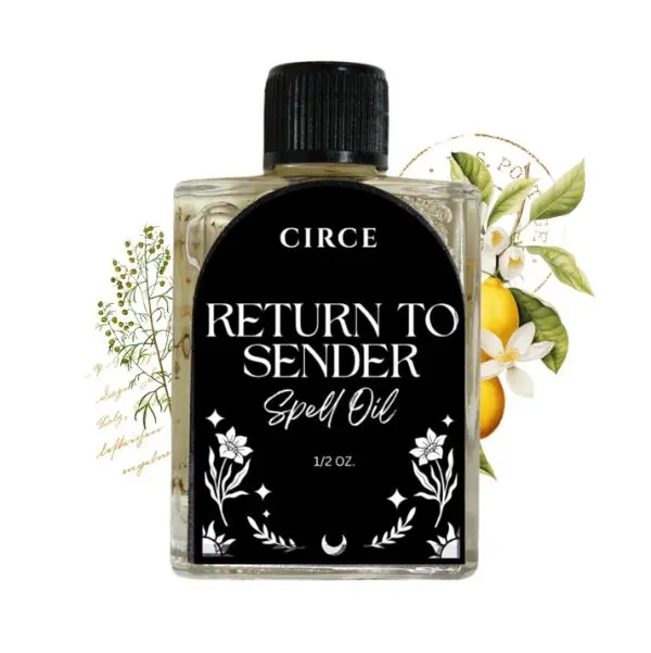 Circe Boutique Return to Sender Spell Oil 1/2 oz – Protection Ritual Essential Oil with Wormwood & Black Salt | Lemon Cleansing Conjure Oil for Boundaries & Grounding | Coconut Oil Based Candle Dressing Anointing Oil for Spiritual Practice by Circe
