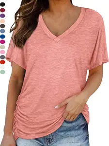 2026 Womens Short Sleeve V Neck Dolman Tops with Side Shirring Loose Fit Shirts Summer SpringStatements