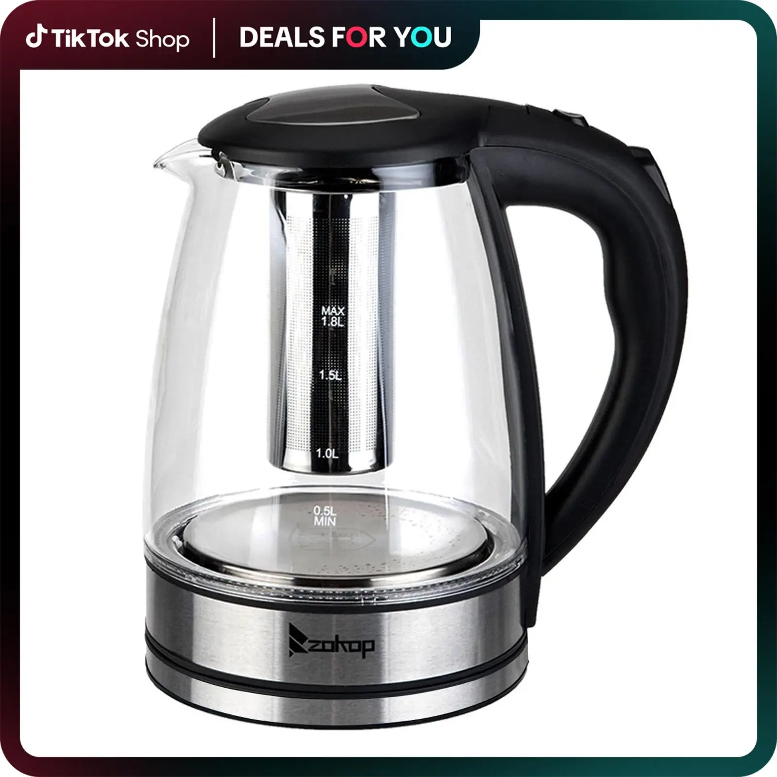 ZOKOP 1800W/1.8L Electric Glass Kettle US Plug, LED Light, Auto 5 Minutes Shut-off, Boil Dry, Overheat Protection, BPA-Free, for Coffee, Tea, Soup, an