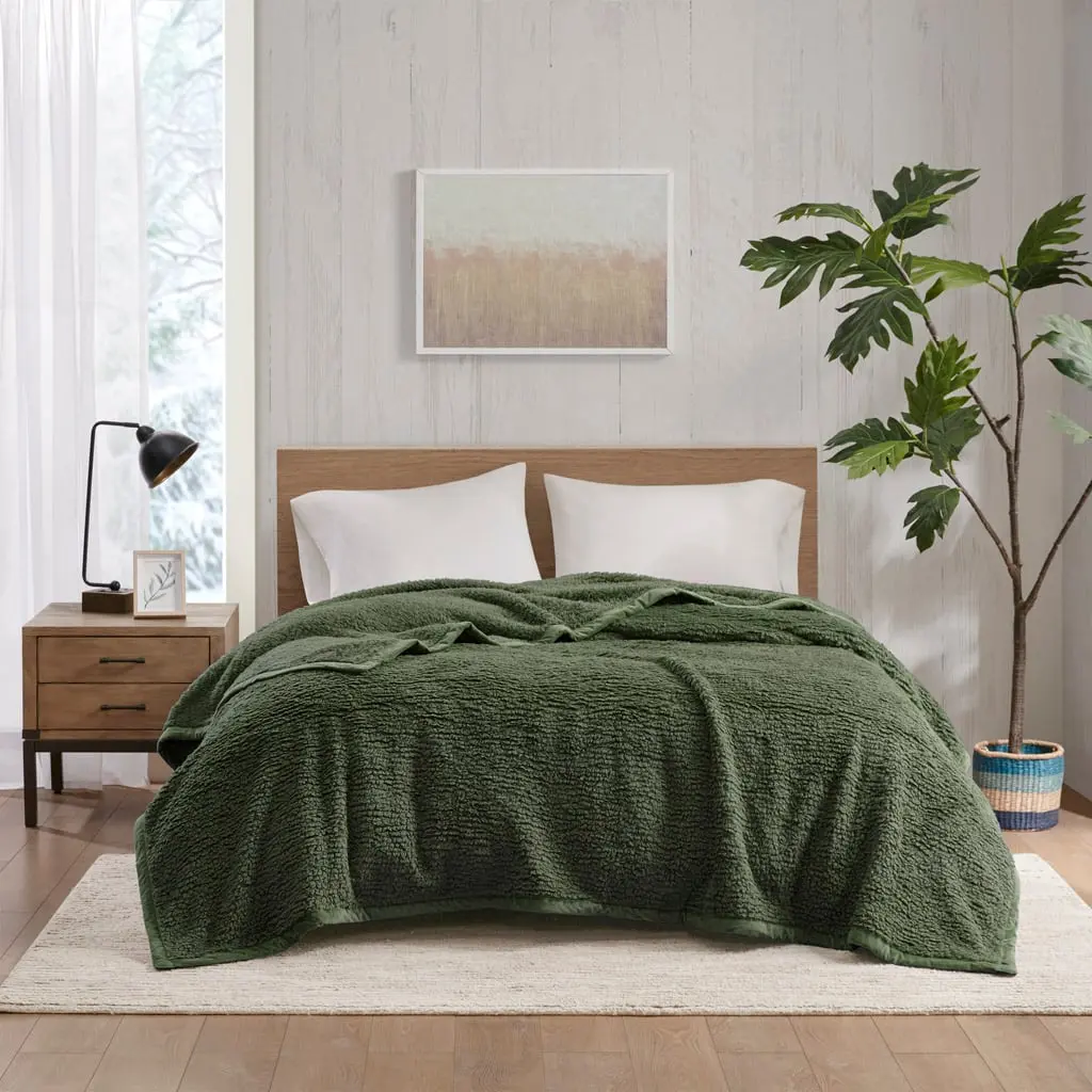 360 Stand Twin Size Burlington Berber Blanket, 66x90x0.25in Green, Brushed Finish, Berber Texture, Polyester Fiber, Machine Washable, Transitional Look
