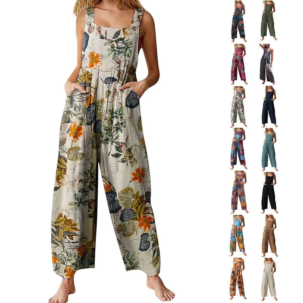 Naeduo Bohemian Baggy Jumpsuits for Women, Aztec Print Wide Leg Bib Overalls with Button Pockets and Side Zipper, Chic, Athletic