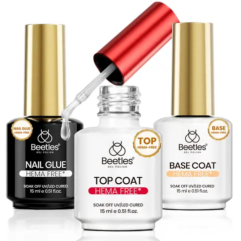 Beetles 3Pcs 15ml Nail Glue, Base Gel & No Wipe Top Coat Set, HEMA-Free & TPO Free Nail Kit for False Nails, Long Lasting Nail Extension, UV/LED Cured, DIY & Salon Use, Manicure, Nail Art