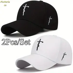 2pcs Set Trendy Baseball Caps for Men and Women, Adjustable Black & White Hats with Unique Cross Embroidery, Breathable Acrylic Duckbill Design, Ideal for Sports, Outdoor Activities, Travel, Casual Fashion