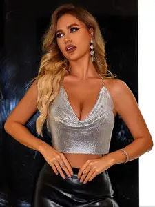 Women's Glitter Draped Halter Neck Crop Top, Classy Sexy Fashion Backless Chain Linked Top for Party Club, Ladies Summer Clothes Valentine's Day, gift, Elegant Sleeveless Cami