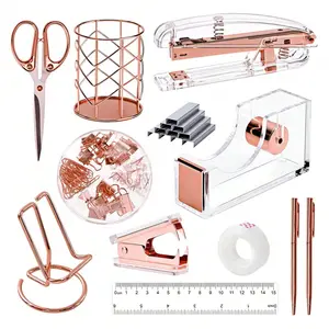Superlele 1set Gold/Rose Desk Accessories, Office Supplies Set Desk Accessories, School Supplies Set For Back To School Season, Acrylic Stapler Set Staple Remover, Phone Holder, Tape Holder, Pen Holder, 2 Ballpoint Pen, Scissor, Binder Clips, Ruler,