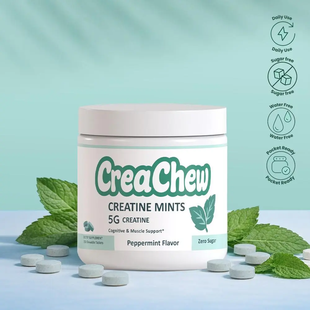 CreaChew Creatine Mints, Cognitive & Muscle Support, Zero Sugar, Peppermint Flavor, No Water or Mixing Needed, Portable Creatine Supplement for Gym, Training & Travel, 150 Mints Fitness Muscle Muscle Muscle Gum