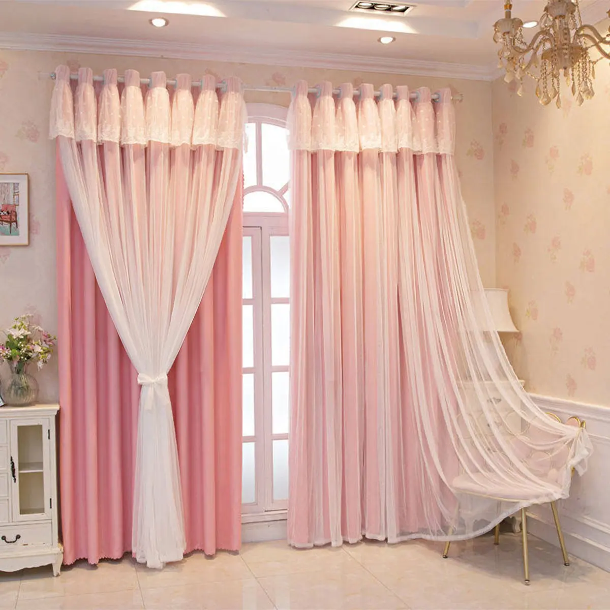 Double Layer Children Curtain Set, Lily Curtain Set, Sweet Princess Style Lace Curtains, Soft Light Blocking Drapes for Kids Room, Girls Bedroom Decor, Window Curtain, Window Hanging, Lightweight Curtains