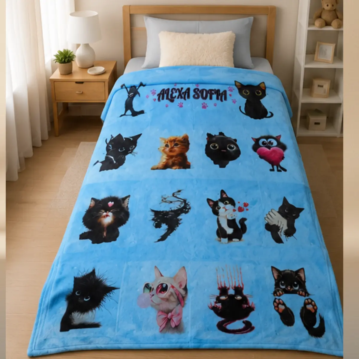 Customized Kitten Prints Soft Textile Blanket - Twin Size, Playful Look, Personalized Name Home Bedding for Adults’ Bedroom Use, Ideal Birthday Gift, Kitty Prints, Name Custom