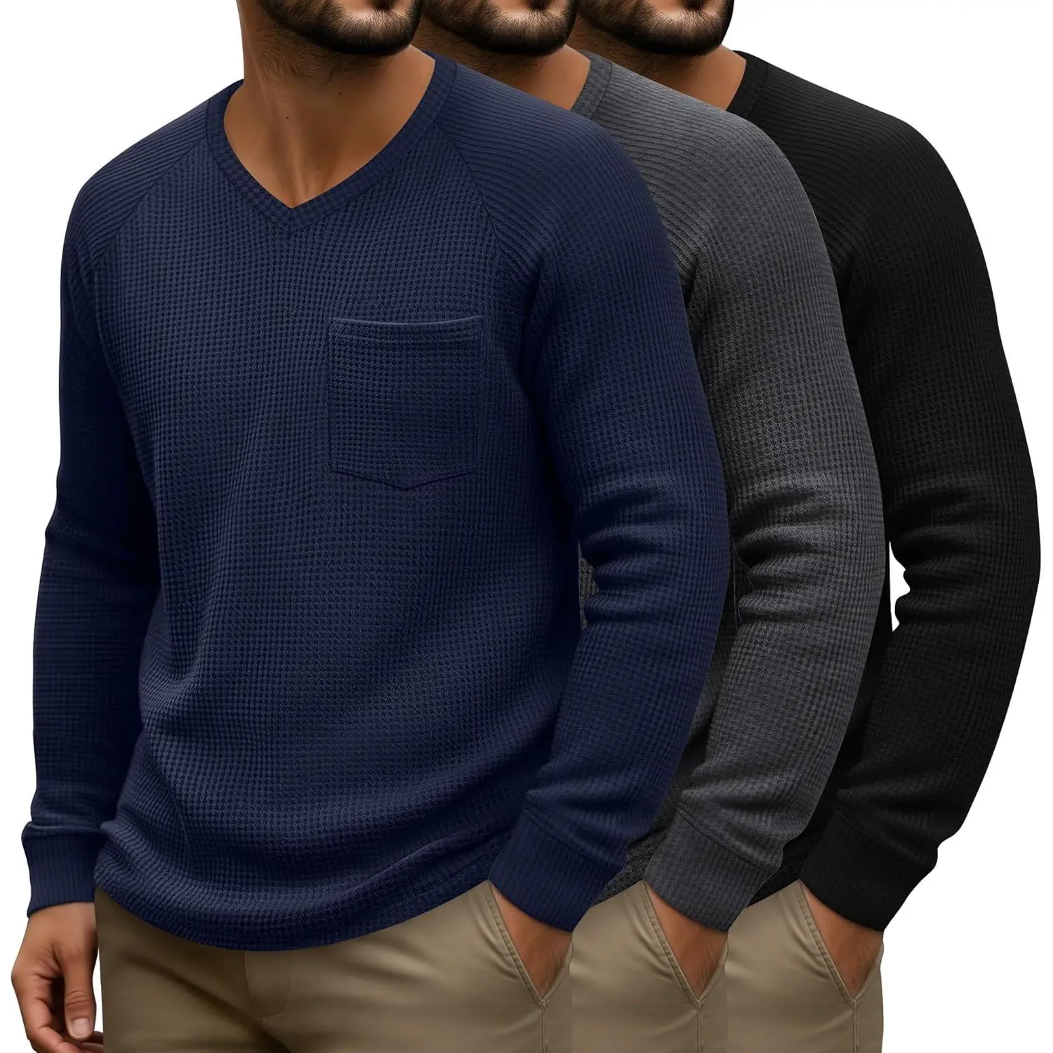 3-Pack Men's Waffle Knit Longsleeves V-Neck Raglan-Sleeve Casual Thermal Undershirts with Pocket (Regular Fit), Menswear