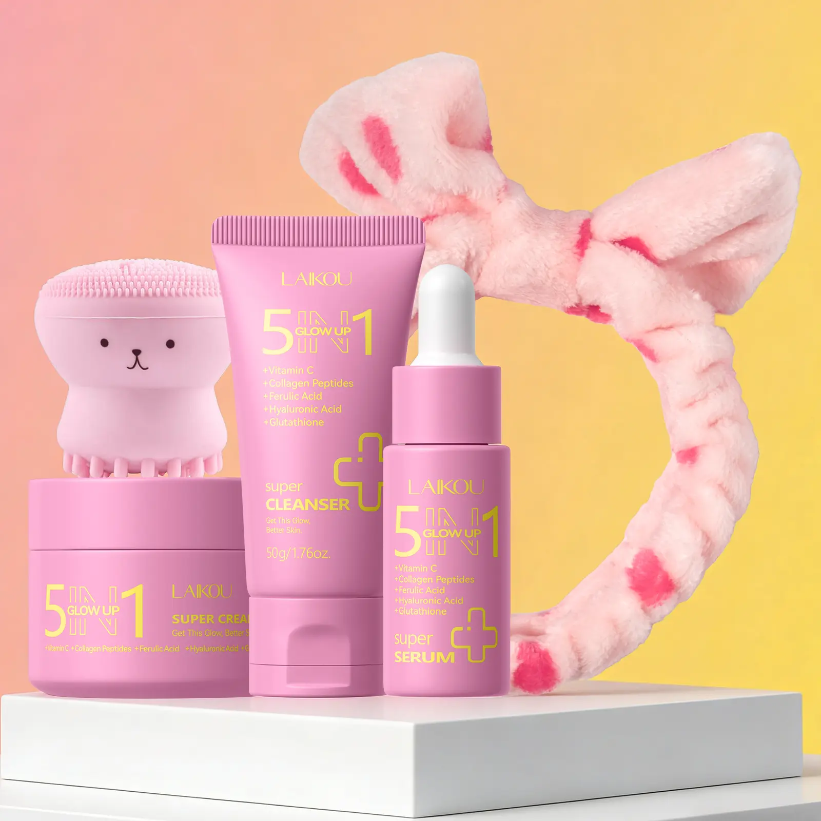 LAIKOU 5 in 1 Skin Care Set, Glow up Gift Set for Women, Skincare Gift Set with Hydrolyzed Collagen  Cream, Serum, Cleanser and Octopus Brush Headband for Women Teen Girls Mother's Day Christmas