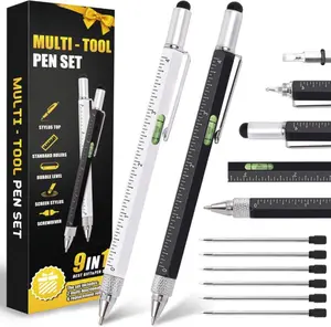 Multi-Tool Pen Set 9 in 1 - 2Pcs Pen & 6Pcs Refills - Unique Tech Tool for Dad, Boyfriend, Husband - Ideal Christmas, Birthday, Valentine's Day Gift