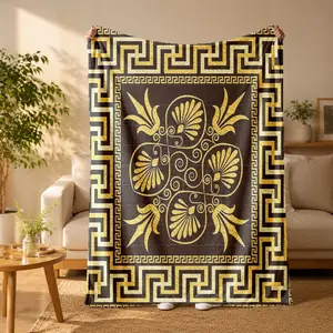 Black and Gold Ancient Greek Meander Floral Print Flannel Blanket - Suitable for all seasons, soft, lightweight and breathable, for bedroom, seasonal and holiday decorations - Perfect for beds, sofas, offices, camping and travel