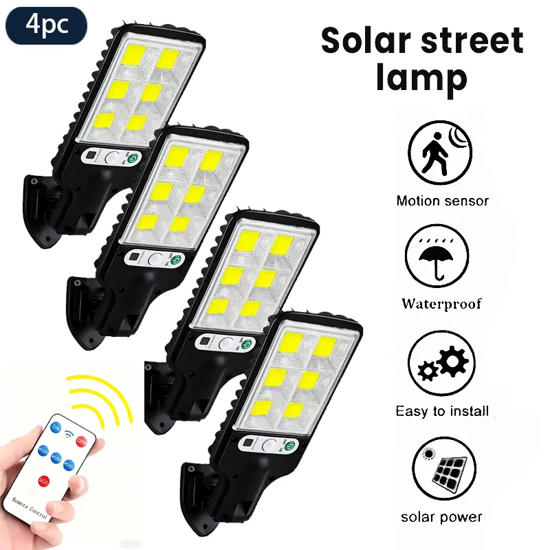 4 PACK 120 LED solar-powered outdoor security lights, with motion sensor and remote control, 3 modes, waterproof and dustproof, automatically turns on from dusk to dawn, wireless solar street light, suitable for gardens, patios, garages, terraces