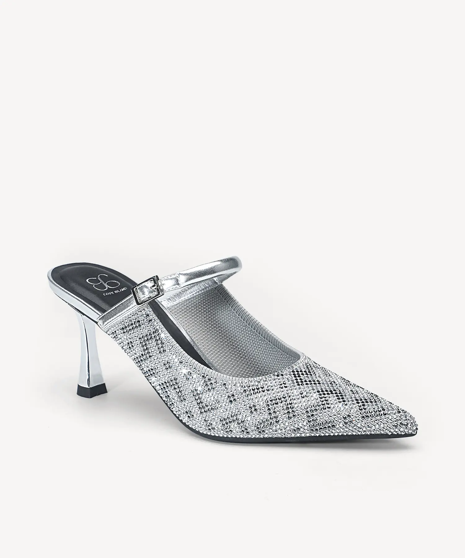 Cosy Island Rhinestone Pointed Toe Mule Heels Adjustable Buckle Spool Flare High Heel Slip On Dress Shoes