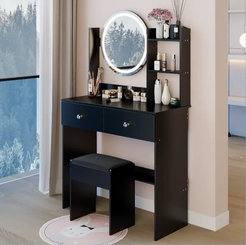 Bellemave 17" Round LED Illuminated Multi-Spectrum Glass Makeup Vanity Set, Furniture with Sturdy Modern Table, Soft Cushion Stool, Touch Switch, Adjustable Brightness, Multi-Storage for Small Spaces, Beauty Organization