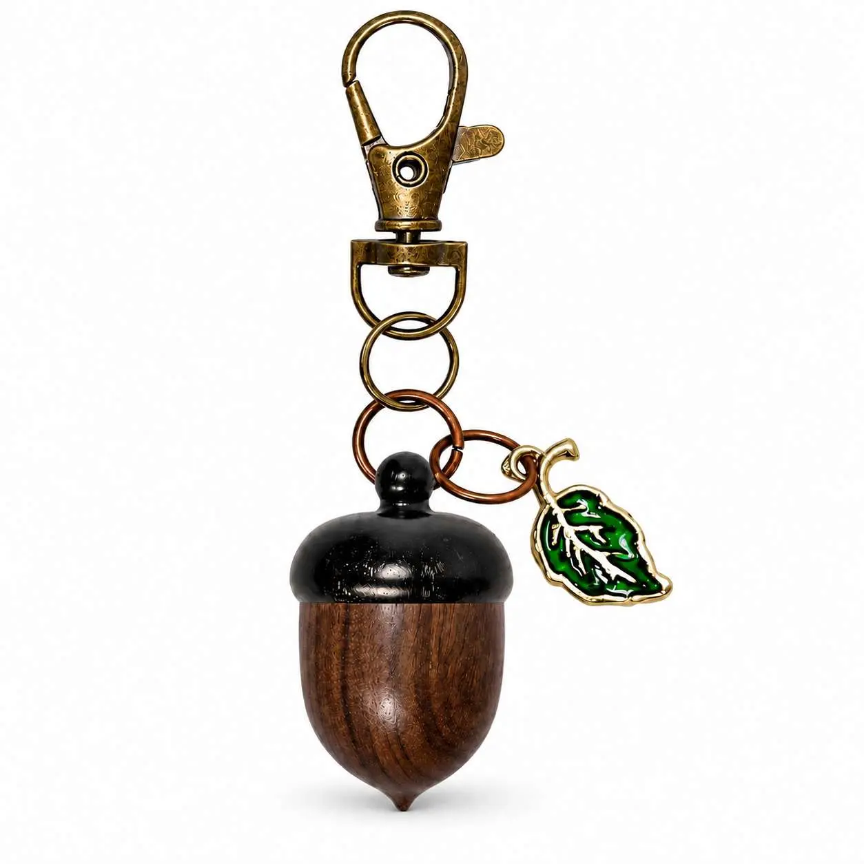 Wooden Acorn Keychain with Green Leaf Charm, Fall Bag Charm with Swivel Clasp for Handbags, Purses, Backpacks & Keys, Thanksgiving Gift