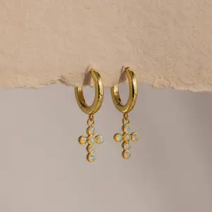 Opal Cross Earrings by Caitlyn Minimalist - Dainty Huggie Earrings - Minimalist Hoop Earrings - Gemstone Jewelry - Gift for Her