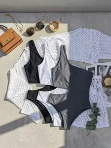 Women's One Shoulder Plain Bikini Jumpsuit Set, Sleeveless Elastic Fitted Swimwear Top, Waist Cutout Design, Beach Party Summer Vacation