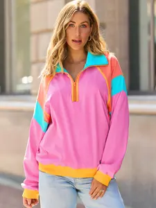 Popvil  Turndown Collar Patchwork Color Block Pullover Sweatshirt 2025 Autumn Fashion Half Zipper Design Tops for Women Womenswear