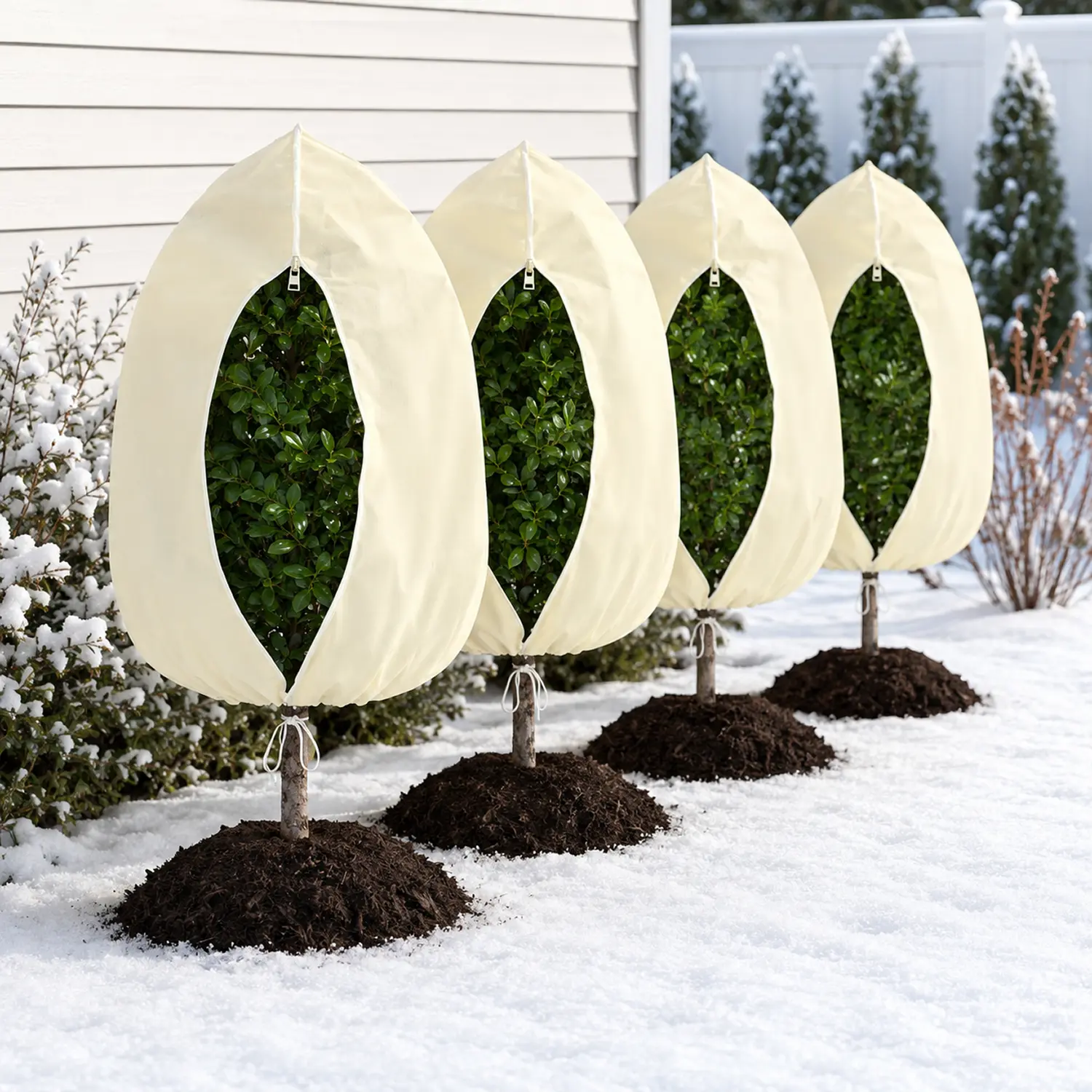 4-Pack Round Freeze Protection Frost Blankets, 32 x 48 Inches Zippered Drawstring Plant Care Dust Covers for Outdoor Greenery, Easy to Clean Home Care Supplies